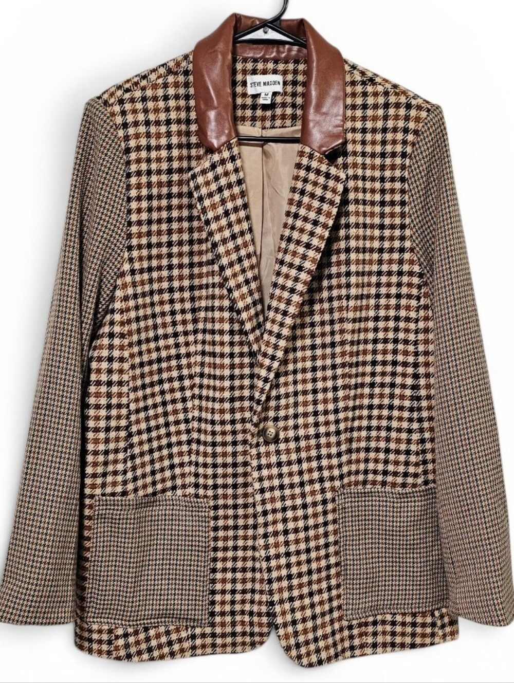 Steve Madden Houndstooth & Leather Trim Women's Blazer NWOT Size M